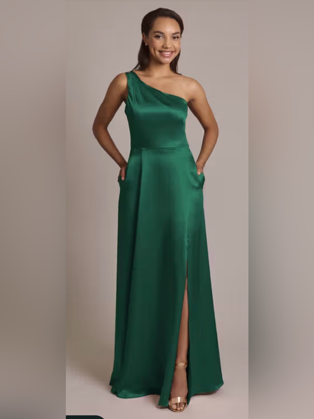 David's Bridal Emerald Green One-Shoulder Satin Gown